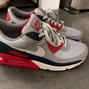 Nike Air Max 90 Sneakers - Gray, Red, and Navy